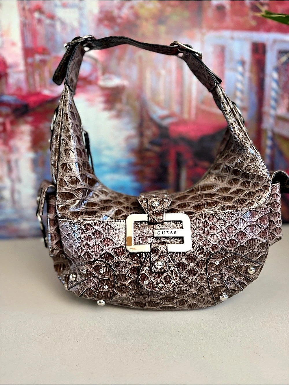 GUESS Y2K Brown Croc Embossed Studded Hobo Shoulder Bag McBling